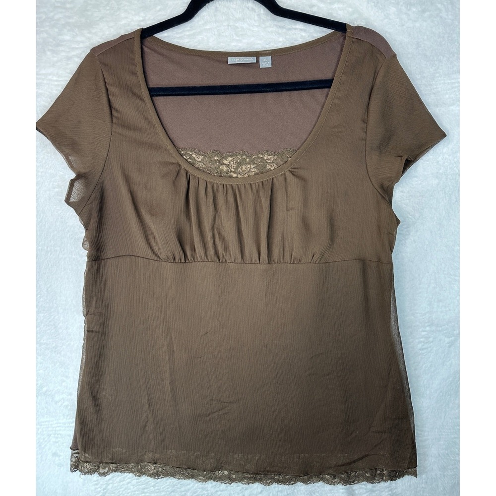 Apt. 9 Lace Trim Sheer Overlay Y2K Top Womens XL Brown Short Sleeve Blouse